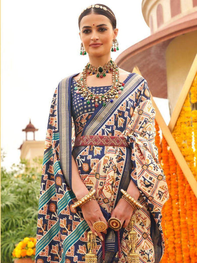 Awesome Cream & Blue Patola Printed Silk Festival Wear Saree